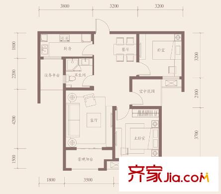 海亮九璽2#樓、7#樓B3-E戶型 2室2廳1衛(wèi)1廚