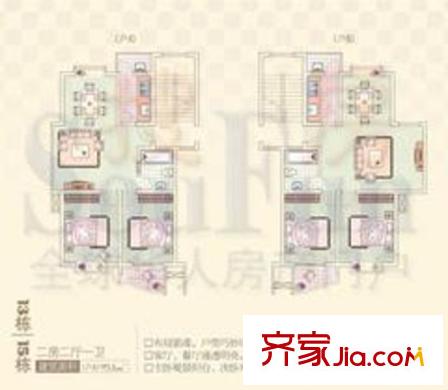 黃山花園戶型圖13、15棟 2室2廳1衛(wèi)1廚