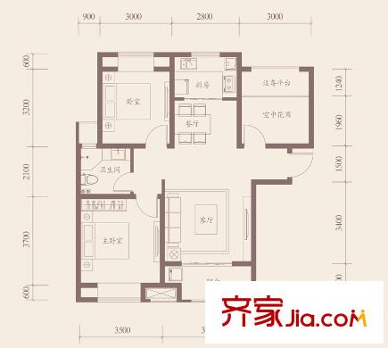 海亮九璽2#樓、7#樓B3-C戶型 2室2廳1衛(wèi)1廚