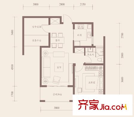 海亮九璽7#樓B4-B戶型 1室2廳1衛(wèi)1廚