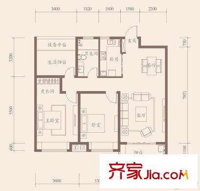 海亮九璽南9棟A9-B戶型 2室2廳1衛(wèi)1廚