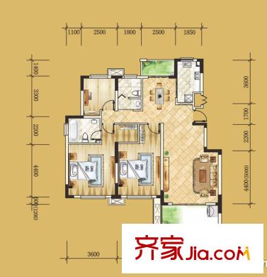 城建琥珀新天地戶型圖東苑A戶型 3室2廳2衛(wèi)1廚