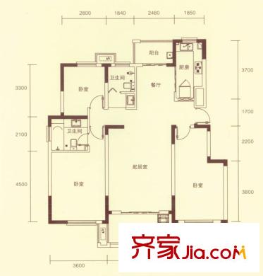 城建琥珀新天地戶型圖西苑4#樓房源A戶型 3室2廳2衛(wèi)1廚