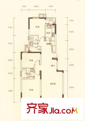 城建琥珀新天地戶型圖西苑1#樓房源B戶型 3室2廳2衛(wèi)1廚