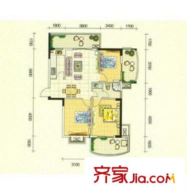 黎陽(yáng)嘉苑戶(hù)型圖A戶(hù)型三室二廳一衛(wèi)107平方米 3室2廳1衛(wèi)1廚
