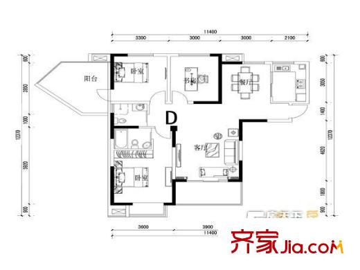 合肥學(xué)院教師宿舍樓戶型圖3 2室2廳1衛(wèi)1廚