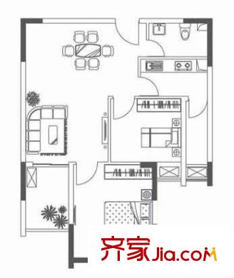 中翔新東城戶(hù)型圖E戶(hù)型 2室2廳1衛(wèi)1廚