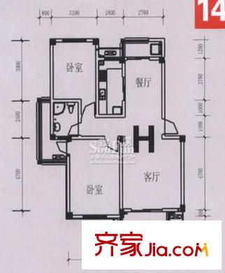 中天藍(lán)山戶型圖20080723-13號(hào)樓14號(hào)樓的H戶型 2室2廳1衛(wèi)1廚