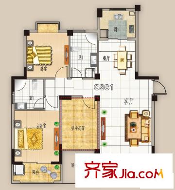 靜安新天地戶型圖高層G2C1戶型 3室2廳2衛(wèi)1廚