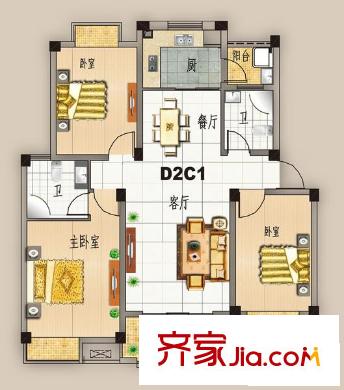 靜安新天地戶型圖D2C1 3室2廳2衛(wèi)1廚