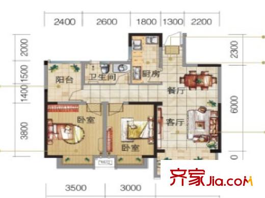 京城國際13# B戶型 87平 2室2廳1衛(wèi)1廚