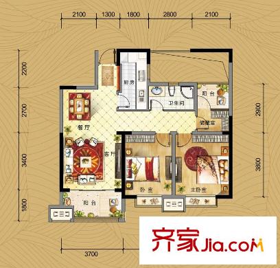京城國際5#11#12#B戶型88/89平 2室2廳1衛(wèi)1廚