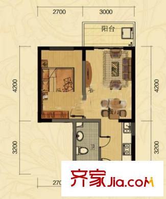 錦繡豪庭6#01戶型1房2廳1衛(wèi)48.37平米 1室2廳1衛(wèi)1廚