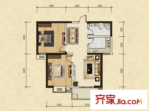 錦繡豪庭雍庭1#02戶型 兩室兩廳一衛(wèi) 91.07平方米 2室2廳1衛(wèi)1廚