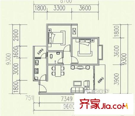 恒?；▓@戶型圖hx1 2室2廳1衛(wèi)1廚