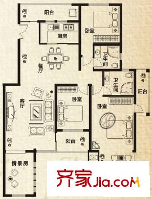 龍湖花園 3室 戶型圖
