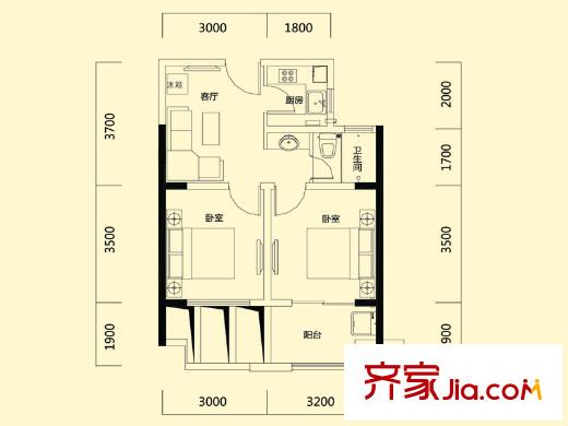瑞地祥和府一期瑞地公館標(biāo)準(zhǔn)層A1戶(hù)型 2室1廳1衛(wèi)1廚