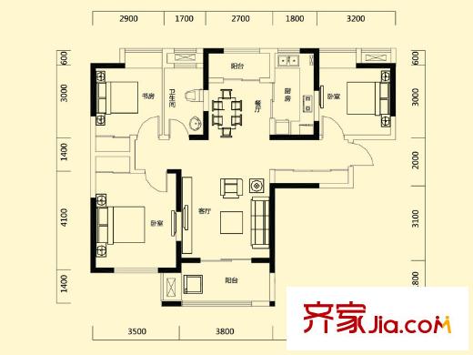 瑞地祥和府一期標(biāo)準(zhǔn)層A3戶(hù)型 3室2廳1衛(wèi)1廚