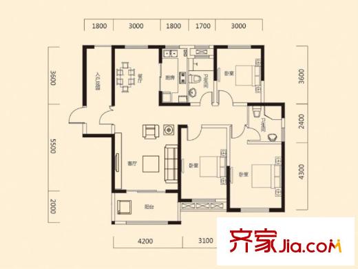 瑞地祥和府C4戶(hù)型 3室2廳2衛(wèi)