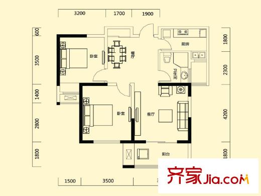 瑞地祥和府一期瑞地公館標(biāo)準(zhǔn)層A2戶(hù)型 2室2廳1衛(wèi)1廚