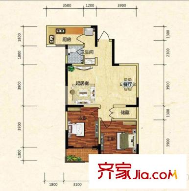濱湖南麗灣一期1、3、5號(hào)樓A1戶型 2室2廳1衛(wèi)1廚