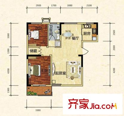 濱湖南麗灣一期B1戶型 2室2廳1衛(wèi)1廚