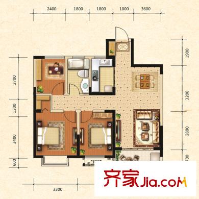 濱湖南麗灣二期E戶型 3室2廳1衛(wèi)1廚