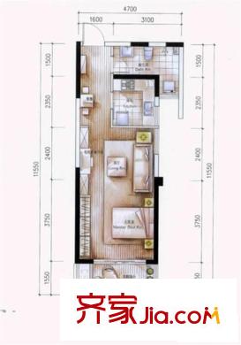 濱湖假日戶型圖6# C2戶型  1室2廳1衛(wèi)1廚