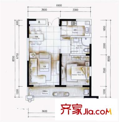 濱湖假日戶型圖D3戶型 1室2廳1衛(wèi)1廚