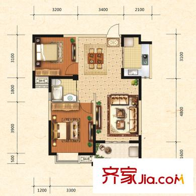 濱湖南麗灣二期B戶型 2室2廳1衛(wèi)1廚