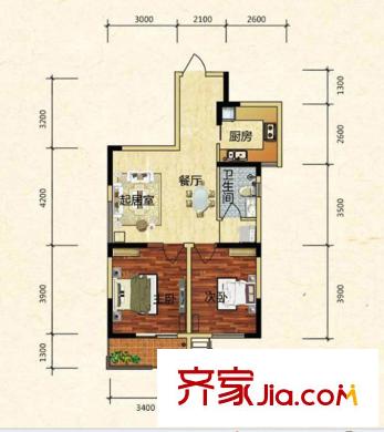 濱湖南麗灣一期A3戶型 2室2廳1衛(wèi)1廚
