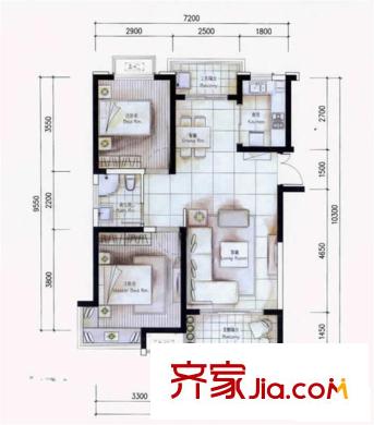 濱湖假日戶型圖1#----4#樓D4戶型  2室2廳1衛(wèi)1廚