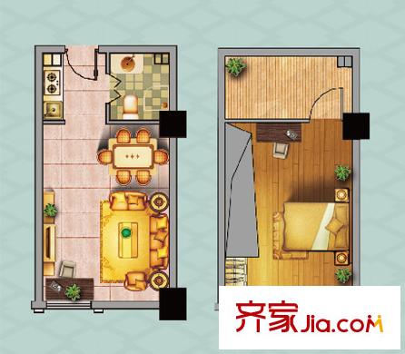 明發(fā)商業(yè)廣場20層獨(dú)特先生公寓戶型 1室2廳1衛(wèi)1廚