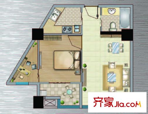 明發(fā)商業(yè)廣場1#樓M5戶型 1室2廳1衛(wèi)1廚