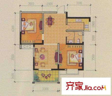 康城靜林灣戶型圖4期7#、8#樓G3戶型 2室2廳1衛(wèi)1廚