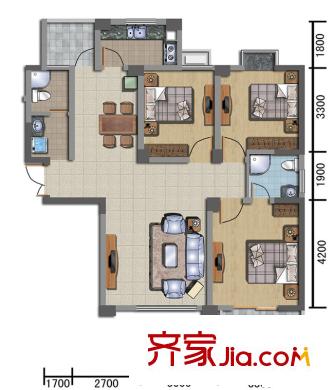 金成港灣戶型圖C戶型 3室2廳2衛(wèi)1廚