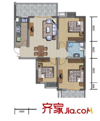 金成港灣戶型圖G戶型 3室2廳1衛(wèi)1廚