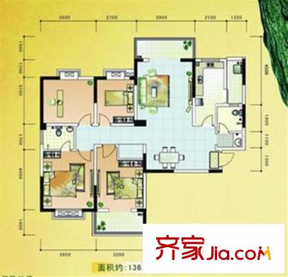 北美印象戶型圖1#A戶型136 4室2廳2衛(wèi)1廚