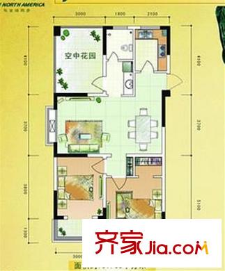 北美印象戶型圖7#F戶型97 2室2廳1衛(wèi)1廚