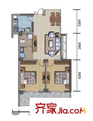 金成港灣戶型圖B戶型 2室2廳1衛(wèi)1廚