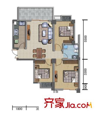 金成港灣戶型圖A戶型 3室2廳1衛(wèi)1廚