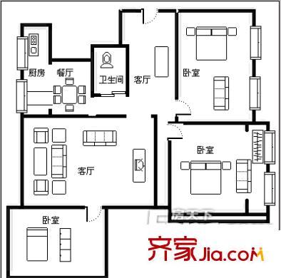 人民巷北樓 3室 戶型圖