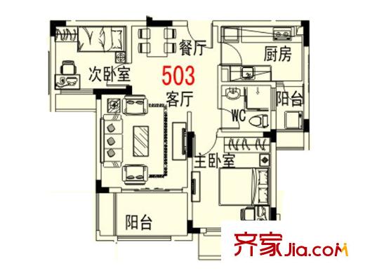 碧桂園濱湖城林風(fēng)沐淥苑一街20幢一單元503戶型 2室2廳1衛(wèi)1廚