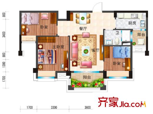 碧桂園濱湖城林溪苑J602戶型B 3室2廳1衛(wèi)1廚