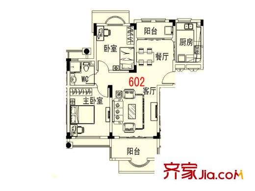 碧桂園濱湖城林風(fēng)沐淥苑一街21幢二單元602戶型 2室2廳1衛(wèi)1廚