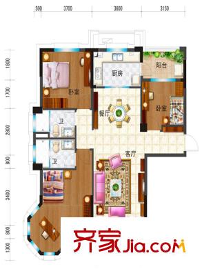 碧桂園濱湖城林溪苑J602戶型A 3室2廳2衛(wèi)1廚