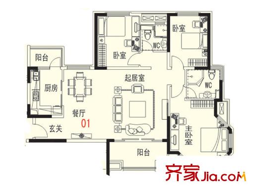 碧桂園濱湖城碧波環(huán)城苑二街8幢一單元1401戶型 3室2廳2衛(wèi)1廚