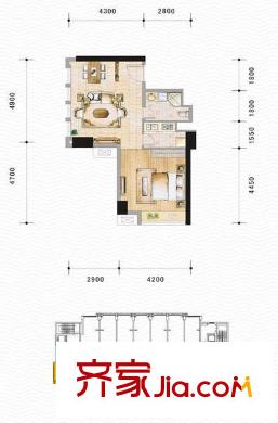 萬和新城廣場戶型圖U1 1室1廳1衛(wèi)1廚
