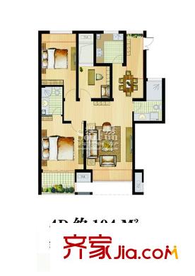 寶業(yè)桐城綠苑戶型圖4#D戶型 3室2廳2衛(wèi)1廚