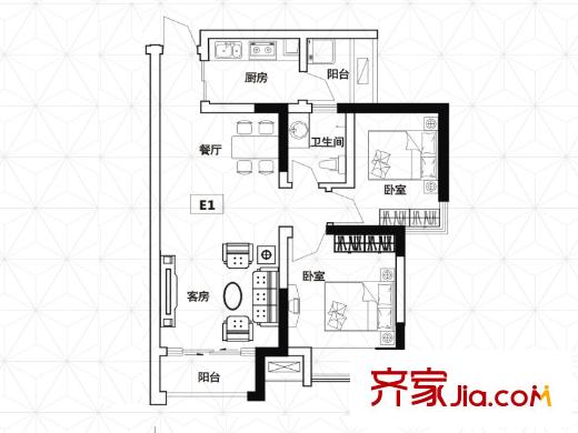 皖都徽韻匯元公寓E1戶型A（居?。?2室3廳1衛(wèi)1廚